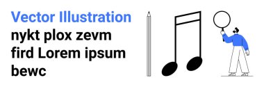 Yuvarlak balon tutan kişi, dikey kalem çizimi, müzik nota simgesi ve biçimlendirilmiş kalın metin. Yaratıcılık, sanat, müzik, yazı, eğitim için ideal basit iniş sayfası