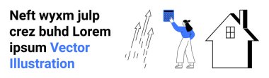 İş büyümesi, veri analizi, ev geliştirme, başarı planlama, kariyer geliştirme, gayrimenkul. Elinde bir belge ve evin yanındaki okları tutan bir kadın. İş büyümesi ve başarı