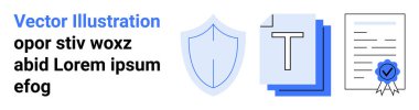 Dijital güvenlik, kimlik koruması, dosya doğrulama, belge doğruluğu, sertifika süreci, çevrimiçi onay. Kalkan simgesi, metin dosyası ve mavi mühürlü tasdikli belge. Dijital
