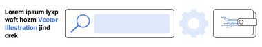 Dijital arayüzler, web araması, teknoloji araçları, kullanıcı deneyimi, çevrimiçi hizmetler, veri depolama. Arama çubuğu, vites simgesi ve dijital cüzdanı olan bir grafik. Web arama ve teknoloji araçları kavramı