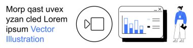 Veri analizi, çevrimiçi işbirliği, video konferansı, iş raporlaması, teknoloji eğitimi, uzaktan çalışma. Video ikonu, çizelgesi ve ayakta duran figürlü minimal tasarım. Veri analizleri ve çevrimiçi