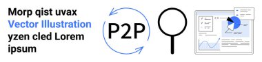 Eşler arası işlemler, teknoloji, veri analizi, araştırma, ağ oluşturma, dijital çözümler. Dairesel P2P simgesi, büyütme cam analiz paneli. Eşler arası kavramlar ve teknoloji