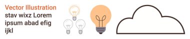 Yaratıcılık, yenilik, beyin fırtınası, fikir üretimi, bulut depolama, teknoloji. Ampullerin minimalist çizimi ve bir bulut çizgisi. Yaratıcılık ve yenilik kavramı
