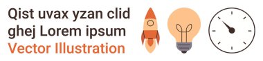 Yaratıcılık, yenilik, fikir üretimi, zaman yönetimi, beyin fırtınası, verimlilik. Roket, ampul ve saat simgeleri Lorem ipsum metninin yanında. Yaratıcılık ve yenilik kavramları