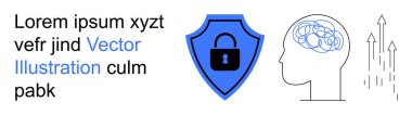 Siber güvenlik, beyin fırtınası, veri koruması, zihinsel süreçler, büyüme, yenilik. Kilitli mavi kalkan, karmaşık beyin ve yukarı doğru oklar. Siber güvenlik ve beyin fırtınası kavramı