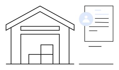 Lojistik, envanter yönetimi, kimlik doğrulama, depolama ağları, dijital kimlik, e-ticaret. Profil ikonlu depo yapısı ve belge. Lojistik ve kimlik doğrulama kavramı
