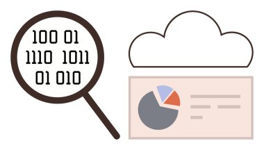 İkili kodları, bulut simgesini ve pasta grafiğini bir veri panelinde inceleyen büyüteç. Veri analizi, bulut hesaplama, siber güvenlik, teknoloji, araştırma, dijital dönüşüm için ideal