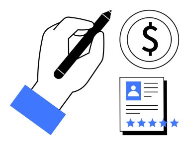 Dolar işareti, özgeçmiş belgesi ve yıldız derecelendirme konseptiyle el ele tutuşmak. İşe alım, iş değerlendirmesi, mali planlama, kariyer geliştirme, iş piyasası analizi, müşteri geribildirimi için ideal