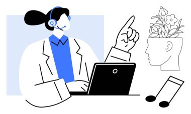 Kulaklık takan müşteri destek temsilcisi dizüstü bilgisayarda çalışıyor, düşünceyi işaret ediyor. Beyin fırtınası kafadaki çiçeklerle ve müzikal notalarla yaratıcılıkla sembolize edilir. Müşteri desteği için ideal