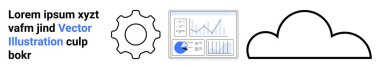Vites sembolü, grafikli analitik gösterge paneli ve bulut çizgisi. Teknoloji, veri, yenilik, iş akışı, bulut hesaplama, süreç iyileştirme için ideal basit iniş sayfası