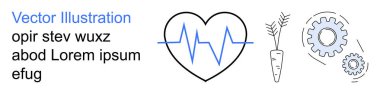 Sağlık, sağlık, beslenme, zindelik, işlevsellik, sağlık. Mavi kalp atışı çizgisi, havuç çizimi ve vites simgesi olan kara kalp. Sağlık ve beslenme temaları