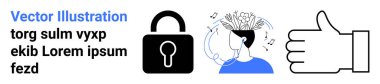 Güvenlik, yaratıcılık, onay, fikri mülkiyet, güven, yenilik. Bir kilit, beyin aktivitesi ve onay ikonu olan bir kafa. Güvenlik ve yaratıcılık kavramları