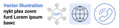 Yerel finans, engelleme zinciri, iletişim, küresel ağlar, kripto para birimi, fintech. DeFi metni ve dünya ikonu telefon hattı olan engelleme zinciri sembolü. Yerel finans ve engelleme zinciri