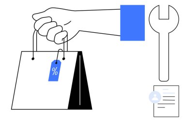 Çevrimiçi alışveriş, perakende indirimler, e-ticaret platformları, servis araçları, müşteri desteği ve kullanıcı profilleri. İndirim etiketli, İngiliz anahtarı ve belge ikonlu bir alışveriş çantasını tutan bir el. E-ticaret
