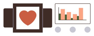 Kalp sembolü, duygusal analizleri vurgulayan bar tablosu olan bir veri panelinin yanında. Sağlık, refah, veri analizi, duygu izleme, sağlık izleme, iş anlayışı, sosyal
