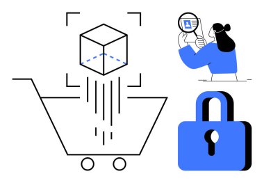 E-Ticaret güvenliği. Modern simgeler aracılığıyla online alışveriş, veri incelemesi ve siber koruma. E-ticaret güvenli ödemeler, veri güvenliği ve alıcı korumasını güvence altına alır. Perakende ve teknoloji için ideal.