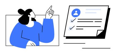 Çek kutuları, profil avatarı ve metin içeren bir belgeye doğru hareket eden bir kadın. Üretkenlik, planlama, organizasyon, liderlik, hedef belirleme, takım çalışması eğitimi için ideal. Basit düz metafor