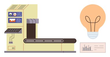 Kontrol paneli ve göstergeli konveyör bant makinesi, bir veri analiz kartıyla birlikte yenilik ve yaratıcılığı temsil eden bağlı ampul. Endüstri, teknoloji ve yenilik için ideal