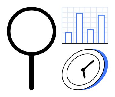 Veri analizi, zaman yönetimi, araştırma, verimlilik, karar verme, istatistiksel değerlendirme. Büyüteç, ölçü ve saat. Veri analizi ve zaman yönetimi sembolleri