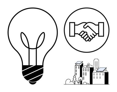 Yenilenebilir enerji kavramı. Yenilenebilir enerji ampul, tokalaşma ve eko-şehir tasarımlarıyla gösterilir. Yenilenebilir çözümler sürdürülebilirlik için işbirliğini vurguluyor. Yeşil enerji için, ortaklık