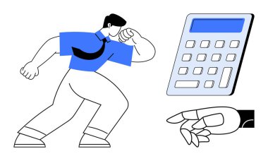 İş planlaması, finansal teknoloji, modern muhasebe, otomasyon, robotik, gelecekteki iş gücü. Bir adam ve robot bir el hesap makinesinin yanında. İş planlaması ve finansal teknoloji kavramı