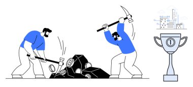 Sıkı çalışma konsepti. İki işçi kaynak, sıkı çalışma ve takım çalışması için araçları kullanıyor. Sıkı çalışma başarıya, iş büyümesine ve başarılara götürür. İş, motivasyon ve takım çalışması için mükemmel.