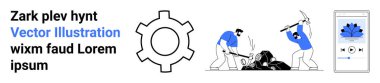 Vites sembolü, kazmalı taş madenciliği yapan işçiler ve mobil uygulama arayüzü. Kavramlar için ideal teknoloji, iş gücü, takım çalışması, endüstri, üretkenlik, kaynak yönetimi basit iniş sayfası