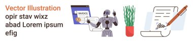 Otomasyon, fintech, yapay zeka, online fatura, iş operasyonları, dijital aletler. Robot inceleme faturası, saksı bitkisi imzalı belge. Otomasyon ve fintech kavramları