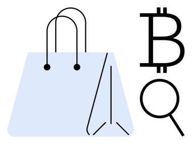 Bir Bitcoin sembolü ve büyüteç ile eşleştirilmiş alışveriş torbası dijital ticareti, kripto para birimini ön plana çıkarıyor. E-ticaret, kripto para birimi, işlemler, finans teknolojisi, alışveriş, yenilik için ideal