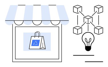 Vitrinde geri dönüşüm logosu olan alışveriş torbası, birbirine bağlı bloklar ve ampul. E-ticaret, sürdürülebilirlik, engelleme zinciri, yenilik, perakende, çevre dostu modern teknoloji için ideal