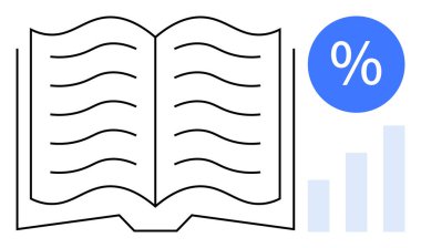 Bilgi kavramı. Eğitimsel ve istatistiksel analiz unsurlarıyla birleştirilmiş kitabı aç, yüzde simgesi ve çubuk grafiğini parmakla işaretle. Araştırma, veri, eğitim, ticaret için bilgi araçları