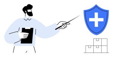 Sağlık hizmetleri lojistiği, envanter kontrolü, tedarik zinciri, tıbbi koruma, güvenlik uyumu, depo yönetimi. Elinde bir pano olan işçi güvenlik kalkanını işaret ediyor. Sağlık hizmetleri lojistiği