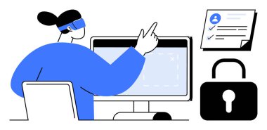 Monitördeki verileri, kontrol listesi belgelerini ve gizlilik için asma kilidi inceleyin. Siber güvenlik, veri analizi, gizlilik koruması, dijital güvenlik, bilişim yönetimi, kimlik doğrulaması için ideal