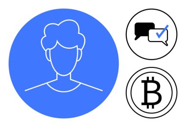 Asgari kişi profili simgesi, işaretli sohbet balonu ve Bitcoin sembolü. Dijital kimlik, iletişim, kripto para birimi, doğrulama, fintech, engelleme sosyal medya için ideal