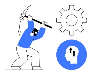 Maden konsepti. Kazma ve işçilik ile çalışan bir işçi. Vites ve kafa profili, verimlilikte yenilik ve beyin fırtınası anlamına gelir. Girişimler, işgücü, endüstri, yaratıcılık ve ilerleme için
