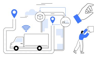 Lojistik konsept. Lojistik harita rota takibi, GPS simgeleri, paket yönetimi ve teslimat işlemleri. Lojistik olarak verimli tedarik zinciri akışı sağlanıyor. Ulaşım, e-ticaret, tedarik zinciri