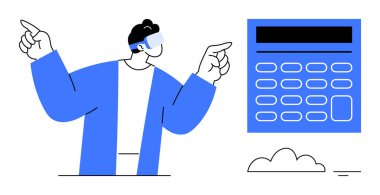 Sanal gerçeklik kavramı. Sanal gerçeklik kulaklığı kullanıcısı dijital arayüzle etkileşim içinde, yenilikçi teknoloji ve etkileşimli araçları vurguluyor. Teknoloji, eğitim, iş ve oyun için mükemmel.