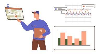 Kurye, konum işaretleyicisiyle haritaya işaret ediyor. Grafik ile veri tabloları, bar diyagramı eğilimleri temsil eder. Lojistik, dağıtım, ulaşım, veri analizi, iş ve e-ticaret için ideal
