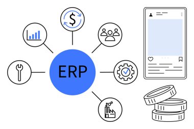 İş yönetimi, şirket planlaması, finans kontrolü, veri analizi, iş akışı entegrasyonu, teknoloji operasyonları. Araçlara bağlı mavi ERP dairesi, mobil arayüz bozuklukları grafikleri. İş dünyası