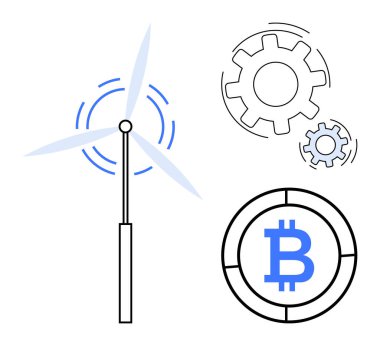 Yenilenebilir enerji, engelleme zinciri, kripto para birimi, yenilik, teknoloji, sürdürülebilirlik. Bitcoin sembollü ve vitesli rüzgar türbini. Yenilenebilir enerji ve engelleme teknolojisi kavramları
