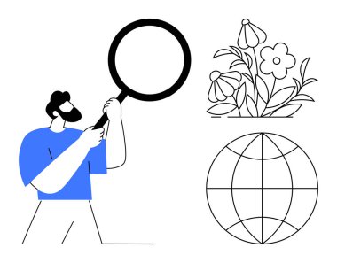 Eğitim, araştırma, keşif, çevre, küresel farkındalık, analiz. Büyüteci, çiçek açan çiçekleri ve küresi olan bir adam. Araştırma ve küresel farkındalık kavramları