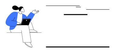 Dizüstü bilgisayarla oturan, el kol hareketi yapan biri. İletişim, teknoloji, işbirliği, eğitim, uzak çalışma, yenilik pazarlama için idealdir. Temiz tasarım basit düz metafor