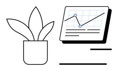 Satır grafiği ve metin elementleri olan bir veri grafiğinin yanına yerleştirilmiş bitki. Büyüme, sürdürülebilirlik, verimlilik, analiz, organizasyon, iş, minimalizm için idealdir. Basit düz metafor
