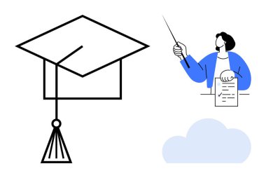 Mezuniyet şapkası başarıyı simgeler, eğitimci belgeyi tutarken işaretleyici ile işaretler, öğrenme ve öğretmeyi ima eder. Eğitim, başarı, eğitim, öğretim, akademik hedefler için ideal