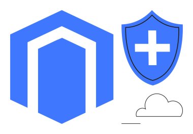 Ağ güvenliği, bulut depolama, veri koruması, siber güvenlik, çevrimiçi güvenlik, dijital altyapı. Haçlı mavi kalkan, altıgen şekilli bulut çizgisi. Ağ güvenliği ve bulut depolama