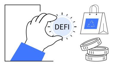 Kripto para birimi, merkezi olmayan finans, sembolik ekonomi, çevre dostu girişimler, engelleme zinciri teknolojisi, finansal sistemler. El ele tutuşan DEFI madeni paraları, çevre dostu çantalar, birikmiş jetonlar. Merkezi olmayan
