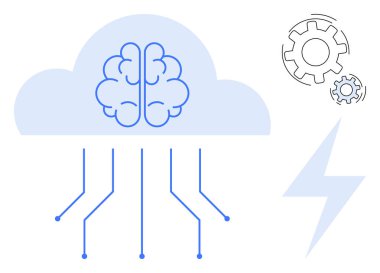 Yapay zeka, bulut hesaplama, teknoloji entegrasyonu, yenilik, veri işleme, makine öğrenme. Devre çizgileri, dişlileri ve şimşekleri olan bir bulutun içindeki beyin. Yapay zeka