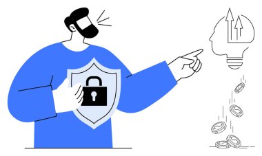 Siber güvenlik, veri koruması, finansal güvenlik, yenilik, fikri mülkiyet, dijital savunma. Adam kalkanı kilitli tutuyor, ok ve sikkelerle kafasına nişan alıyor. Siber güvenlik ve veri