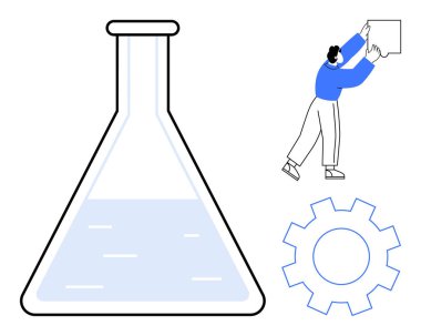 Bilim konsepti. Laboratuvar matarası araştırması, takım çalışması ve süreçleri gösteren bir vites. Eğitim, yenilik, teknoloji, takımlar, kimya için