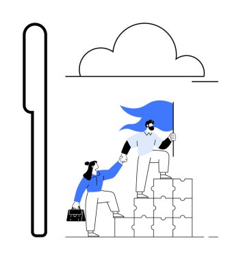 Takım çalışması, liderlik, işbirliği, başarı, iş stratejisi, ortaklık. İki kişi bulmaca bloklarına tırmanıyor, biri bayrak tutuyor. Takım çalışması ve liderlik kavramı işbirliği ve başarıyı vurguluyor